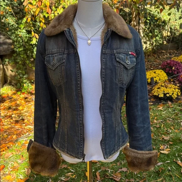 GUESS TRUE VINTAGE 80s RARE FAUX FUR DENIM / JEAN JACKET - L 💙🔥 - Picture 2 of 11